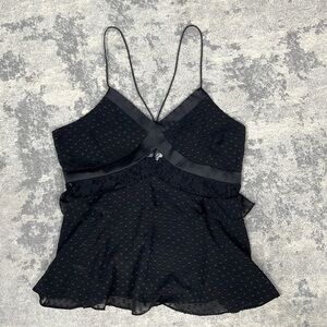 1st Sight Black Swiss Dot V Neck Cami Top Ruffle Babydoll Sz L